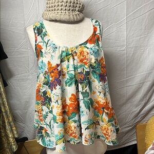 Meadow Rue Floral Swing Tank Top - White, Orange & Green